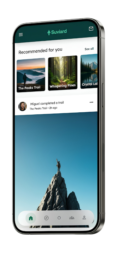 App Suviard Mockup en iPhone - Red Social de Senderismo